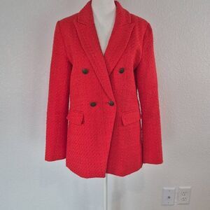 Loft Women Size 2 Tweed Double Breasted Coral Red Blazer